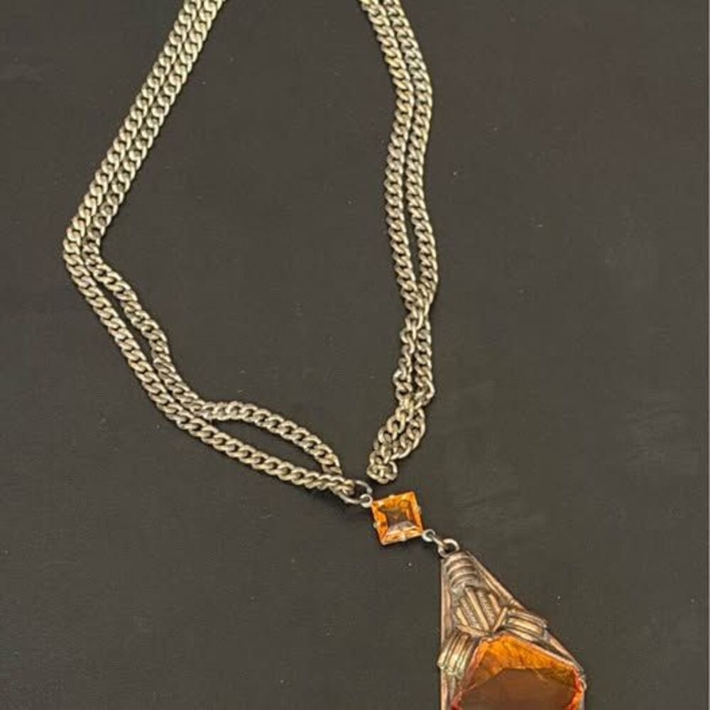 Art Deco Shield Necklace with Amber Glass | Antique Geometric Statement